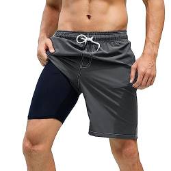 Arcweg Badehose für Herren Badeshorts mit Kompression 2 in 1 Schnelltrocknende Strandshorts Männer Elastisch Surf Shorts mit Reißverschlusstaschen XS-2XL Grau L（EU von Arcweg