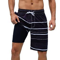 Arcweg Badehose für Herren Badeshorts mit Kompression 2 in 1 Schnelltrocknende Strandshorts Männer Elastisch Surf Shorts mit Reißverschlusstaschen XS-2XL Schwarz-grau-gestreift XS（EU von Arcweg