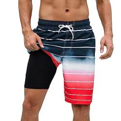 Arcweg Badehose für Herren Badeshorts mit Kompression 2 in 1 Schnelltrocknende Strandshorts Männer Elastisch Surf Shorts mit Reißverschlusstaschen XS-2XL Schwarz-rot XL（EU von Arcweg