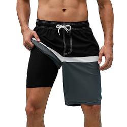 Arcweg Badehose für Herren Badeshorts mit Kompression 2 in 1 Schnelltrocknende Strandshorts Männer Elastisch Surf Shorts mit Reißverschlusstaschen XS-2XL Schwarz-weiß-grau S（EU von Arcweg