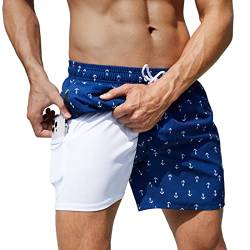 Arcweg Badehose für Herren Jungen Badeshorts mit Kompression Liner 2 in 1 Schnelltrocknend Strandhose Männer Elastisch Surf Shorts mit Reißverschlusstaschen Anker XL（EU von Arcweg