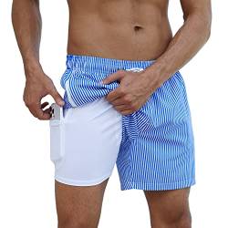 Arcweg Badehose für Herren Jungen Badeshorts mit Kompression Liner 2 in 1 Schnelltrocknend Strandhose Männer Elastisch Surf Shorts mit Reißverschlusstaschen Blaue Weiße Streifen XXL（EU von Arcweg