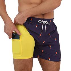 Arcweg Badehose für Herren Jungen Badeshorts mit Kompression Liner 2 in 1 Schnelltrocknend Strandhose Männer Elastisch Surf Shorts mit Reißverschlusstaschen Blaupapagei L（EU von Arcweg