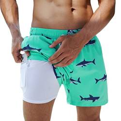 Arcweg Badehose für Herren Jungen Badeshorts mit Kompression Liner 2 in 1 Schnelltrocknend Strandhose Männer Elastisch Surf Shorts mit Reißverschlusstaschen Hai M（EU von Arcweg