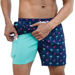 Arcweg Badehose für Herren Jungen Badeshorts mit Kompression Liner 2 in 1 Schnelltrocknend Strandhose Männer Elastisch Surf Shorts mit Reißverschlusstaschen Kokosnussbaum Flammenvogel XXL（EU von Arcweg