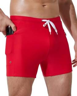 Arcweg Badehose für Herren Schnelltrocknend Schwimmhose Badehose Männer Jungen Beachshorts eng Boardshorts Strand Shorts Sport Kurz Hose mit Taschen Rot M（EU von Arcweg