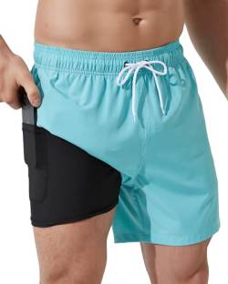 Arcweg Badehose für Herren mit Kompression Boxershorts Liner 2 in 1 Badeshorts Männer Jungen Elastisch Schwimmhose Beachshorts Boardshorts Strand Shorts Himmelblau S（EU von Arcweg