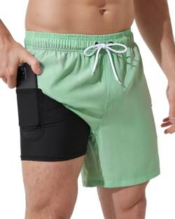 Arcweg Badehose für Herren mit Kompression Boxershorts Liner 2 in 1 Badeshorts Männer Jungen Elastisch Schwimmhose Beachshorts Boardshorts Strand Shorts Mint Green M（EU von Arcweg