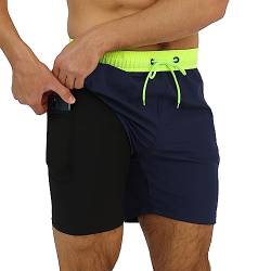 Arcweg Badehose für Herren mit Kompression Liner 2 in 1 Atmungsaktiv Badeshorts Männer Elastisch Trainingsshorts Verstellbar Tunnelzug mit Reißverschlusstaschen Grün+Marineblau XL（EU） von Arcweg