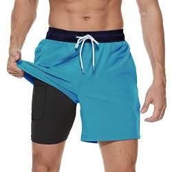 Arcweg Badehose für Herren mit Kompression Liner 2 in 1 Atmungsaktiv Badeshorts Männer Elastisch Trainingsshorts Verstellbar Tunnelzug mit Reißverschlusstaschen Marine+Blau M（EU） von Arcweg