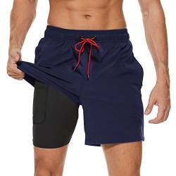 Arcweg Badehose für Herren mit Kompression Liner 2 in 1 Atmungsaktiv Badeshorts Männer Elastisch Trainingsshorts Verstellbar Tunnelzug mit Reißverschlusstaschen Marine L von Arcweg