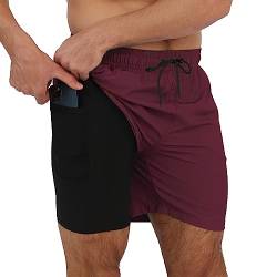 Arcweg Badehose für Herren mit Kompression Liner 2 in 1 Atmungsaktiv Badeshorts Männer Elastisch Trainingsshorts Verstellbar Tunnelzug mit Reißverschlusstaschen Rotwein L von Arcweg