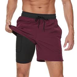 Arcweg Badehose für Herren mit Kompression Liner 2 in 1 Atmungsaktiv Badeshorts Männer Elastisch Trainingsshorts Verstellbar Tunnelzug mit Reißverschlusstaschen Schwarz+Weinrot 2XL von Arcweg