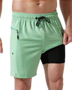 Arcweg Badeshorts Herren mit Reißverschlusstaschen Badehose Männer Jungen Schnell trocknende Schwimmhose mit Kompressionsfutter Doppellagige Grün XL(EU) von Arcweg