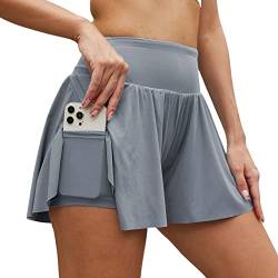 Arcweg Damen Sporthose Kurz Laufshorts 2 in 1 Schnell Trocknend Sommer Fitness Shorts Yoga Shorts Gym Jogging Training Running Shorts für Damen mit Taschen Grau 2XL（EU） von Arcweg