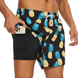 Arcweg Herren Badehose Badeshorts mit Kompression Liner 2 in 1 lässige Swim Shorts Kurz 5.5" Schnelltrocknend Boardshorts Strandshort mit Reißverschlusstasche Ananas 2XL（EU） von Arcweg