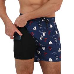 Arcweg Herren Badehose Badeshorts mit Kompression Liner 2 in 1 lässige Swim Shorts Kurz 5.5" Schnelltrocknend Boardshorts Strandshort mit Reißverschlusstasche Anker Fisch 2XL（EU） von Arcweg