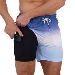 Arcweg Herren Badehose Badeshorts mit Kompression Liner 2 in 1 lässige Swim Shorts Kurz 5.5" Schnelltrocknend Boardshorts Strandshort mit Reißverschlusstasche Blauer Farbverlauf L（EU） von Arcweg