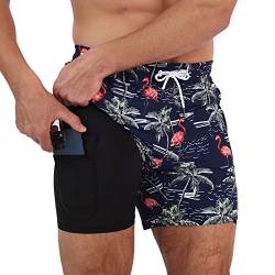 Arcweg Herren Badehose Badeshorts mit Kompression Liner 2 in 1 lässige Swim Shorts Kurz 5.5" Schnelltrocknend Boardshorts Strandshort mit Reißverschlusstasche Kokos Flamingo M（EU） von Arcweg