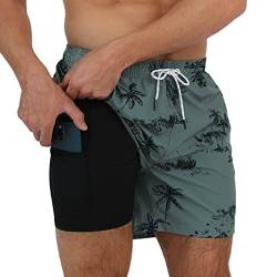 Arcweg Herren Badehose Badeshorts mit Kompression Liner 2 in 1 lässige Swim Shorts Kurz 5.5" Schnelltrocknend Boardshorts Strandshort mit Reißverschlusstasche Kokosnussbäume M（EU） von Arcweg