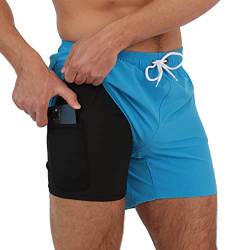 Arcweg Herren Badehose mit Kompression Badeshorts 2 in 1 Schnelltrocknend Schwimmhose 5.5" Boardshorts mit Innenhose Reißverschlusstasche Strandshorts S - XXL Blau L(EU) von Arcweg