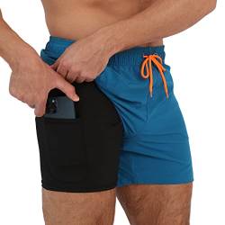 Arcweg Herren Badehose mit Kompression Badeshorts 2 in 1 Schnelltrocknend Schwimmhose 5.5" Boardshorts mit Innenhose Reißverschlusstasche Strandshorts S - XXL Dunkelblau L(EU) von Arcweg