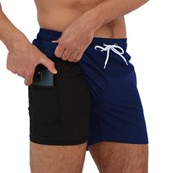 Arcweg Herren Badehose mit Kompression Badeshorts 2 in 1 Schnelltrocknend Schwimmhose 5.5" Boardshorts mit Innenhose Reißverschlusstasche Strandshorts S - XXL Marineblau L(EU) von Arcweg