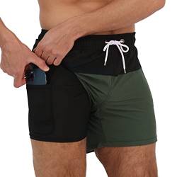 Arcweg Herren Badehose mit Kompression Badeshorts 2 in 1 Schnelltrocknend Schwimmhose 5.5" Boardshorts mit Innenhose Reißverschlusstasche Strandshorts S - XXL Schwarz + Armeegrün S(EU) von Arcweg