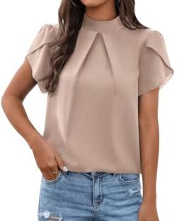 Arevill Bluse Damen Kurzarm Tunika Sommer Stehkragen Chiffon Oberteile Tops Lässig Plissee Tops Blusen Elegant Shirt Rüschen Trim Frauen Hemd Einfarbig von Arevill