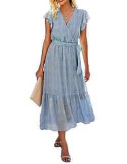 Arevill Damen Chiffon Boho Lange Kleid mit Gürtel Sommerkleid Partykleid Elegant V-Ausschnitt Maxikleid Abendkleid Rüschen Strandkleid Cocktailkleid,Blau,M von Arevill