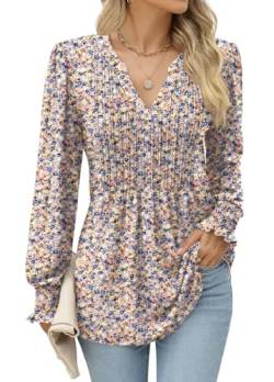 Arevill Damen Langarmshirt V-Ausschnitt Tunika Shirt Blumen Bluse Plissee Blumendruck Lässige Oberteile Tunika Bluse Tops Puff Langarm T-Shirts Puffärmel Blusenshirt Elegant von Arevill