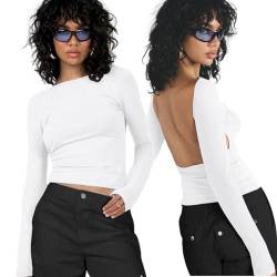 Arkim Backless Top Langarmshirts Damen Long Sleeve Y2k Top Basic Crop Tops Y2K Rückenfreies Oberteil Sexy Y2k Shirt Stil Strassenmode Neu Longsleeve Damen(Weiß,L) von Arkim