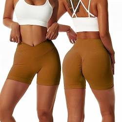 Arkim Sport Shorts Damen, Scrunch Butt Kurze Sporthose Damen, High Waisted V Taille Super Schlank Sport Leggings Biker Yoga Leggings Fitness Gym Shorts Damen(Kakao,S) von Arkim