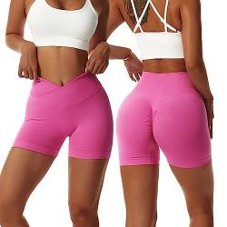 Arkim Sport Shorts Damen, Scrunch Butt Kurze Sporthose Damen, High Waisted V Taille Super Schlank Sport Leggings Biker Yoga Leggings Fitness Gym Shorts Damen(Rosa,M) von Arkim