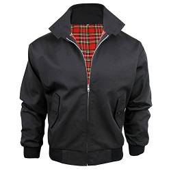 Harrington-Jacke mit kariertem Futter, gefertigt in Großbritannien, Herren, mit Reißverschluss, klassische Bomberjacke Gr. Small, schwarz von Army And Workwear