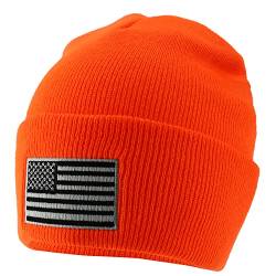 Armycrew Made in USA Grey American Flag Embroidered Knit Cuff Long Beanie, neon-orange, Einheitsgröße von Armycrew