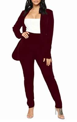 Aro Lora Damen 2-teiliges Outfit Casual Solid Open Front Blazer und Bleistifthose Anzüge Set, Weinrot, Groß von Aro Lora
