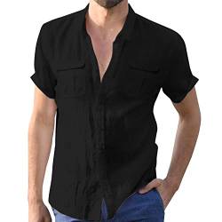 Aro Lora Herren Leinenhemden Kurzarm Strand Shirts Baumwolle Sommer Casual Button Tops, Schwarz , 56 von Aro Lora