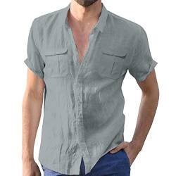 Aro Lora Herren Leinenhemden Kurzarm Strand Shirts Baumwolle Sommer Casual Button Tops, grau, 56 von Aro Lora