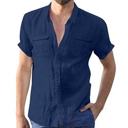 Aro Lora Herren Leinenhemden Kurzarm Strand Shirts Baumwolle Sommer Casual Button Tops, marineblau, 56 von Aro Lora