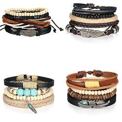 Aroncent 16 PCS Geflochten Lederarmband für Damen Herren, Leder Seil Armband Armreif mit Holz Kugel Legierung Feder Anhänger Surferarmband Wickelarmband von Aroncent