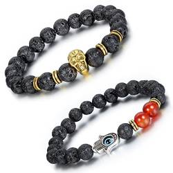 Aroncent 2PCS Herren Damen Lava Armband, Silber Fatimas Hamsa Hand Gold Schädel Totenkopf Gebet Mala Kugel Perle Energietherapie Buddha Armreif Armschmuck, Achat Metalllegierung, Schwarz Rot von Aroncent