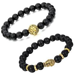 Aroncent 2PCS Herren Damen Lava Armband, Tibetische Gold Buddha-Kopf Löwenkopf Gebet Mala Kugel Perle Energietherapie Armreif Armschmuck Handgelenk, Metalllegierung, Schwarz von Aroncent