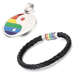 Aroncent 2PCS Herren Damen Schmuck Set, Regenbogen Rainbow Charms Kette Halskette Armband Armreif Armschmuck Handgelenk, Schwarz Silber von Aroncent