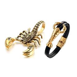 Aroncent 2PCS Herren Skorpion Schmuck-Set (Halskette + Armband), Edelstahl Scorpion Biker Anhänger mit 55cm Kette und Leder Armband, Gold Schwarz von Aroncent