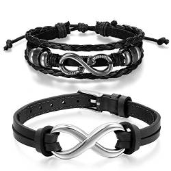 Aroncent 2PCS Lederarmband für Herren und Damen, Zirkonia Edelstahl Lieben Infinity Zeichen, Gefolochten Wickel Armreif Armschmuck, Schwarz Silber von Aroncent