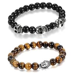 Aroncent 2er Buddha Kopf Armband Totenkopf Mala Armband Tibetisch Energiearmband Buddhistisch Silber Gebet Armband Steinperlen für Damen und Herren von Aroncent