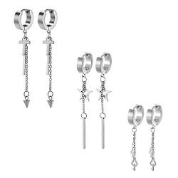 Aroncent 3 Paar Damen Ohrringe Set Edelstahl Creolen mit Kreuz, Stern, Schlüssel und Kette Ohrhänger Huggie Ohr Piercing Silber von Aroncent