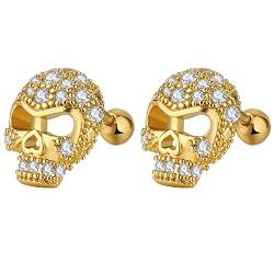 Aroncent 3 Paar Totenkopf Ohrringe Edelstahl Ohrstecker Vintage Ohrhänger Punk Zirkonia Piercing Ohr Schädel Ohrringe Gotik für Damen und Herren, Gold von Aroncent