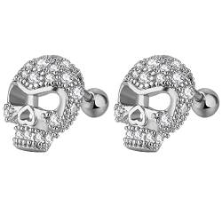 Aroncent 3 Paar Totenkopf Ohrringe Edelstahl Ohrstecker Vintage Ohrhänger Punk Zirkonia Piercing Ohr Schädel Ohrringe Gotik für Damen und Herren, Silber von Aroncent